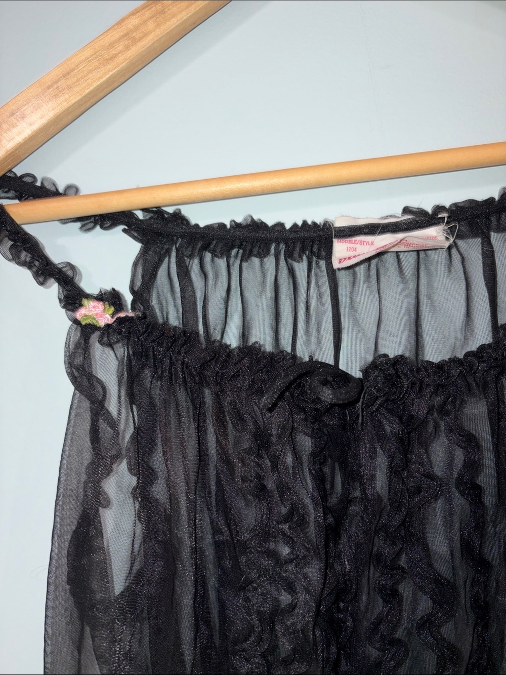 VINTAGE Babydoll Chemise Sheer Black Ruffle n Rosette mesh tank - Picture 3 of 8